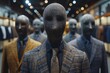 A collection of lifeless figures adorned in sharp business attire, their featureless faces mimicking the humans who roam the store, creating a hauntingly beautiful scene that blurs the lines between 