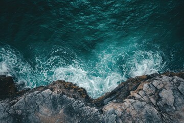 Wall Mural - Aerial View of the Ocean With Boats and Waves Breaking on Shore, An overhead perspective of a shimmering sea and rocky boundaries, AI Generated