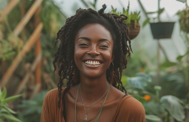 Wall Mural - smiling black woman in a greenhouse