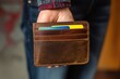 A person holding a wallet in their hand, showing a credit card inside, An underweight wallet symbolizing buying power diminished by inflation, AI Generated