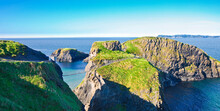 Typical Irish Landscape With Suspended Bridge On Cliffs (Northern Ireland - United Kingdom - Carrick A Rede)