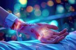 An injured individuals hand, wrapped in a bandage, is seen resting on a bed, Artistic representation of a fractured wrist being treated, AI Generated