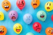 © Iftikhar alam - A vibrant collection of balloons featuring unique hand-drawn faces with expressions, soaring high up in the sky, Assortment of balloons with different expressions and emoji faces, AI Generated