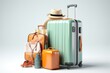 © Tanu - Suitcase with travel accessories on white background, Suitcases and travel accessories on background. 3d rendering, AI generated