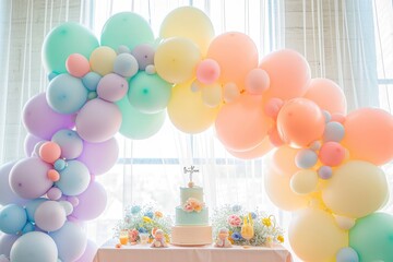 A table adorned with a delicious cake and colorful balloons, creating a festive atmosphere, Balloons in pastel shades for a calm aesthetic birthday party, AI Generated