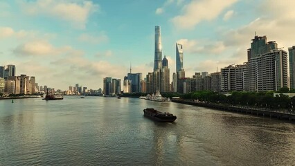 Wall Mural - Aerial drone view of modern skyscraper office buildings in Shanghai