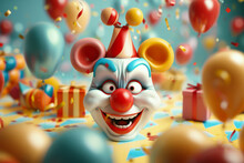 Funny Clown On Bright Background With Festive Balloons. Banner For April Fools Day