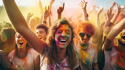 Wall Mural -  Holi festival. A big group of young people celebrating outside summer festival in the daytime laughing with joyful joy splashing colors