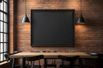 Front view blank black menu frame on a brick wall with lamp in loft cafe interior design, mockup 3d rendering design.