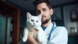 take cat to the veterinarian. bring cat for vaccination. A veterinarian cradles a white domestic cat, symbolizing professional pet care 