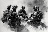 Fototapeta  - Group of Soldiers Standing in Formation With Rifles at Military Base, Black and white illustration of a group of Special Forces soldiers planning their mission, AI Generated