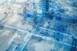 This photograph provides an aerial perspective of a city featuring predominantly blue and white buildings, Blueprints of future building superimposed on the engineering site, AI Generated