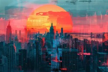 A Cityscape With Buildings And Sunset In The Background Generative AI