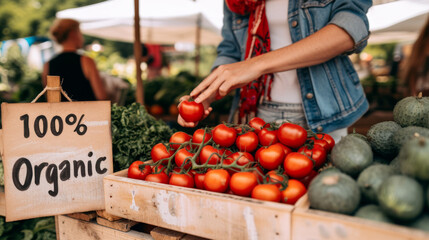 Poster - person is selecting a ripe tomato from a crate labeled 