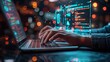 © Rattanathip - Hands type on a laptop that projects a holographic interface, symbolizing advanced programming and futuristic software development in a vibrant tech environment.