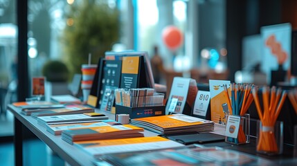 an exhibition stand showcases a variety of marketing materials with vibrant orange branding, ready f