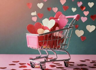 Canvas Print - Small shopping cart with paper hearts on pink background. Valentine's Day celebration