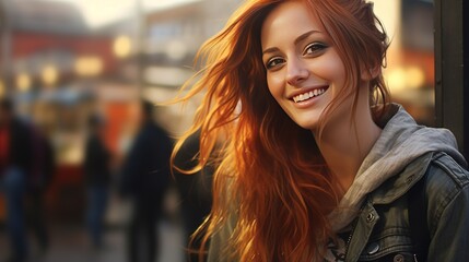 Wall Mural - A smiling young woman in her twenties her direct gaze inviting the viewer to share in her happiness