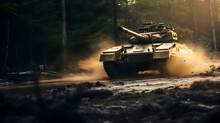Armored Military Army Tank Vehicle Moving In Motion On Mud Road In Battle