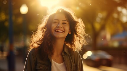 Wall Mural - A stylish young woman, laughing joyfully in an urban park