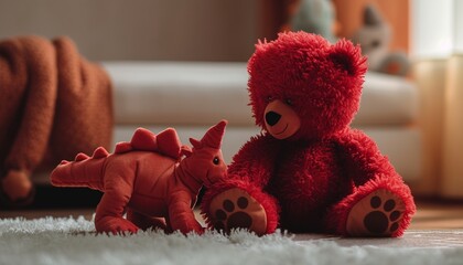  An enchanting 8k image of a red teddy bear playing with a plush dinosaur toy, their dynamic interaction capturing the essence of joy and companionship