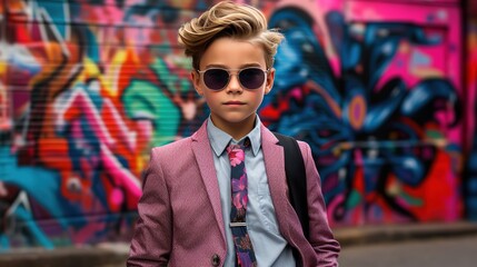 Wall Mural - A stylishly dressed young boy standing in front of a colorful graffiti-adorned wall