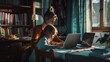 A business woman and a mother are trying to work on a laptop when her little daughters are playing, fooling around and interfering with her. Freelance, work from home