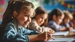 © pinkrabbit - primary elementary school group of children studying in the classroom. learning and sitting at the desk. young cute kids smiling,