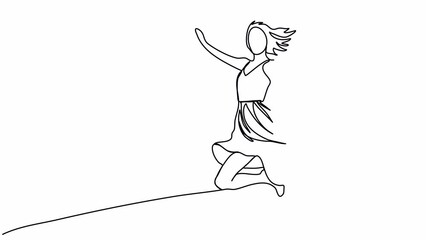 Wall Mural - Woman in dress jumps, one line drawing animation. Video clip with alpha channel.