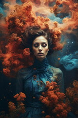 Wall Mural - Abstract woman portrait  art, double exposure, surreal, vintage, nebula colors, awaiting death, geometric abstract, depression. Wall art poster.