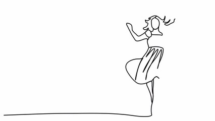 Wall Mural - Woman in dress jumps, one line drawing animation. Video clip with alpha channel.