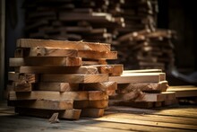 Piles of natural wooden boards. Storage of industrial wood planks material. Generate ai