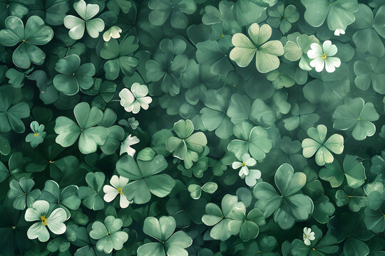 St. Patrick's Day background with pretty 4 leaf clovers in green and white. Perfect for holiday decorations and festive designs.