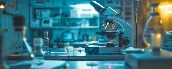 Small remote scientific lab dimly lit with microscope in focus sitting on a table surrounded by glass flasks and beakers 