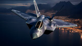 Fototapeta  - Close-up F-22 Raptor military combat aircraft jet flying over a city at night