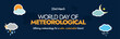 © Sabeen - World Meteorological Day. 23 March World Meteorological day cover banner with silhouette world map and colourful weather forecast icons. Icons of rain, cloudy, sunny, snowy and night. Climate Action.
