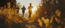 Group Of Athlete Running Cross Country In Nature Tracking. AI Generated Image