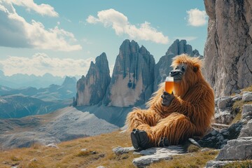 Wall Mural - Bigfoot Yeti drinking a grog in top of dolomites mountains