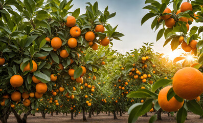 Poster - Abundant orange tree with ripe oranges in focus foreground, garden setting background