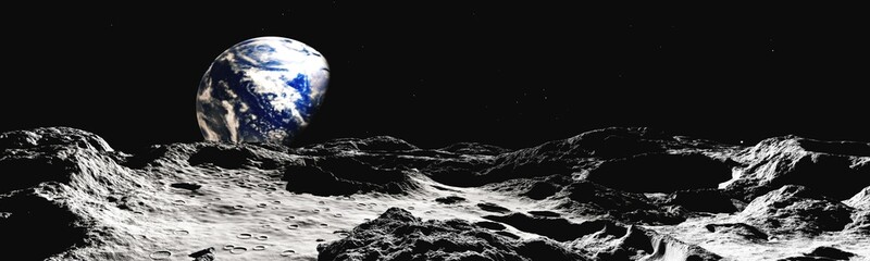 Wall Mural - panorama of the surface of the moon against the background of planet earth, 3d rendering