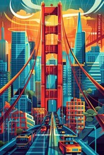 A Poster Of American Institutions, In The Style Of Futurist Abstraction, The San Francisco Renaissance, Golden Gate, Navy, Masks And Totems, Elegant Cityscapes, Musical Influences, Rap Aesthetics