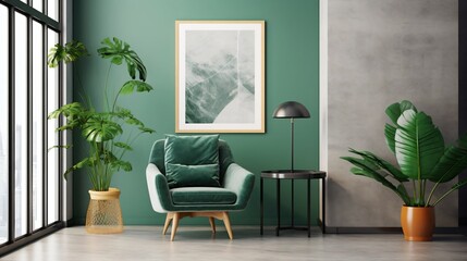 Wall Mural - A minimalist living room with green accents evokes a sense of tranquility and modern design. 
