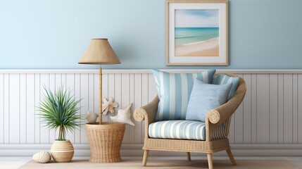 A cozy living room with blue and white accents evokes a relaxed coastal retreat perfect for summer vacations. 
