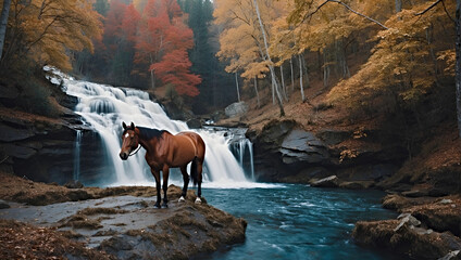 Wall Mural - A beautiful, stately horse near a waterfall. An animal against the backdrop of a wonderful landscape.