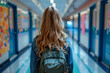 Back view of a lonely female student with a backpack walking down a school hallway, concept of loneliness and bullying.
