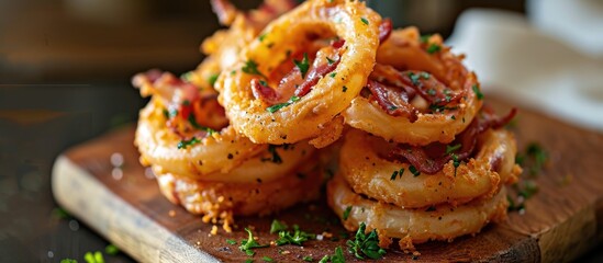 Wall Mural - Cheesy bacon onion rings atop a wood board.