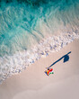 © Erika Valkovicova - Aerial picture of a woman holding a Seychelles flag on a tropical beach with turquoise sea and waves