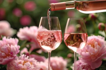 A delicate pour of rich red wine from a sparkling bottle into a gleaming stemware glass, surrounded by blooming roses and set upon an elegant outdoor table, evoking a sense of indulgence and luxury