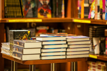 stops of books, fiction in book store. education, school, study, reading concept