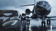 Luxury black car standing next to a private black jet at the airport, rich and luxurious life theme, front view.